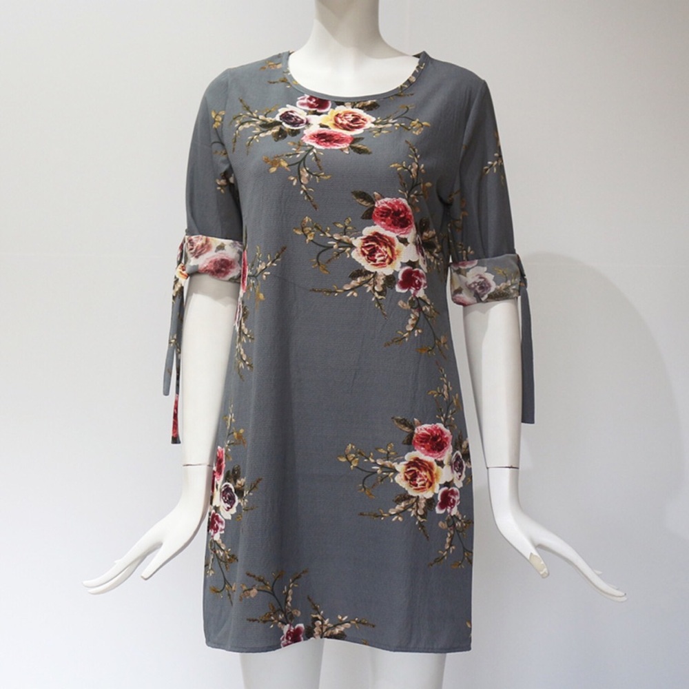 Boho Grayish Blue Floral Chiffon Sheath Dress - Picture 6 of 8